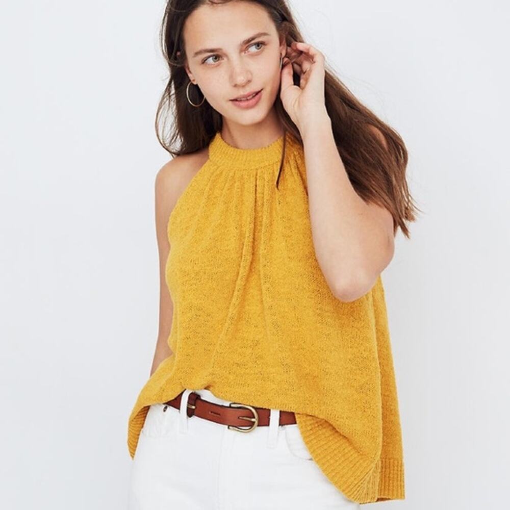 Madewell Top Gathered Sweater Tank Boho Spring Summer Mustard Yellow Size M - Picture 1 of 10